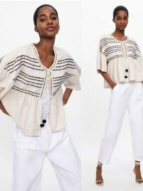 Zara Embroidered Cropped Boho Linen-Blend Bolero Jacket with Pom Poms XS-S